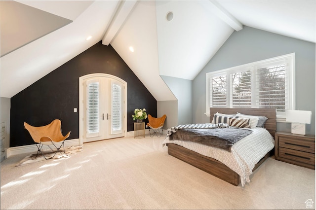 2227 E 5340 S, Holladay, UT 84117 - carpeted bedroom featuring access to exterior, vaulted ceiling with beams, and baseboards