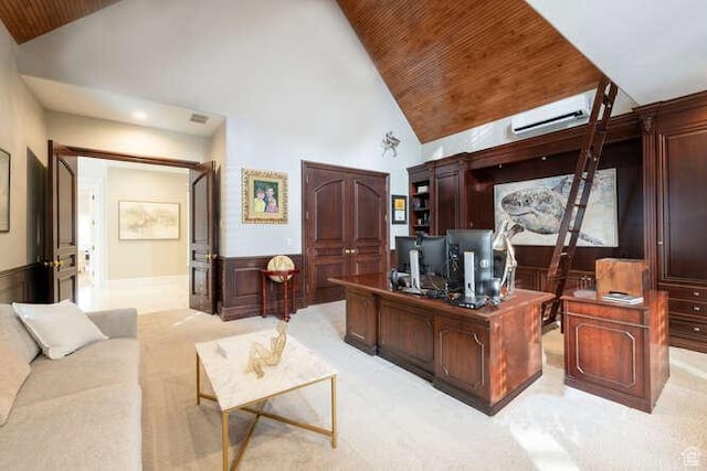 2227 E 5340 S, Holladay, UT 84117 - office area with a wainscoted wall, light carpet, high vaulted ceiling, a wall mounted AC, and wood ceiling