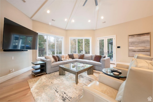 2227 E 5340 S, Holladay, UT 84117 - living area with visible vents, baseboards, recessed lighting, wood finished floors, and high vaulted ceiling