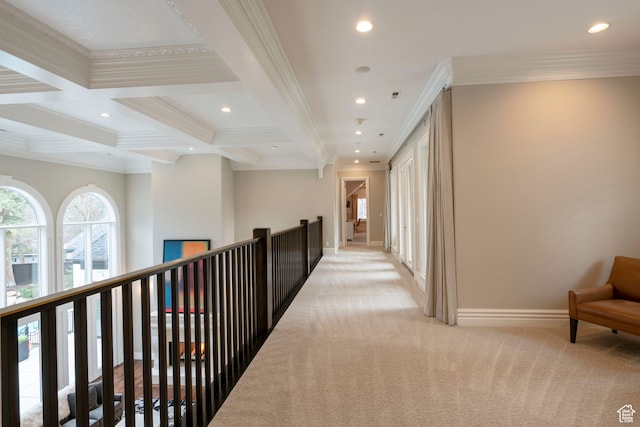 2227 E 5340 S, Holladay, UT 84117 - hallway featuring baseboards, light colored carpet, ornamental molding, beam ceiling, and recessed lighting
