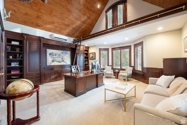 2227 E 5340 S, Holladay, UT 84117 - home office with a wall mounted air conditioner, a wainscoted wall, high vaulted ceiling, light colored carpet, and wood ceiling