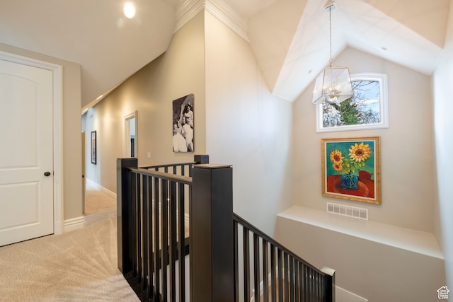 2227 E 5340 S, Holladay, UT 84117 - corridor with visible vents, carpet floors, an inviting chandelier, vaulted ceiling, and an upstairs landing