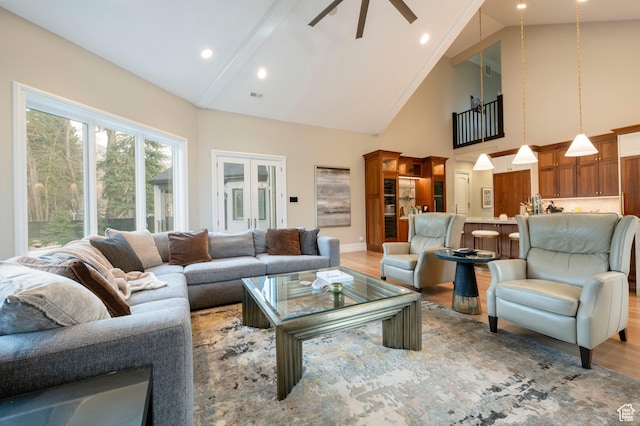 2227 E 5340 S, Holladay, UT 84117 - living room featuring visible vents, ceiling fan, light wood-type flooring, recessed lighting, and high vaulted ceiling