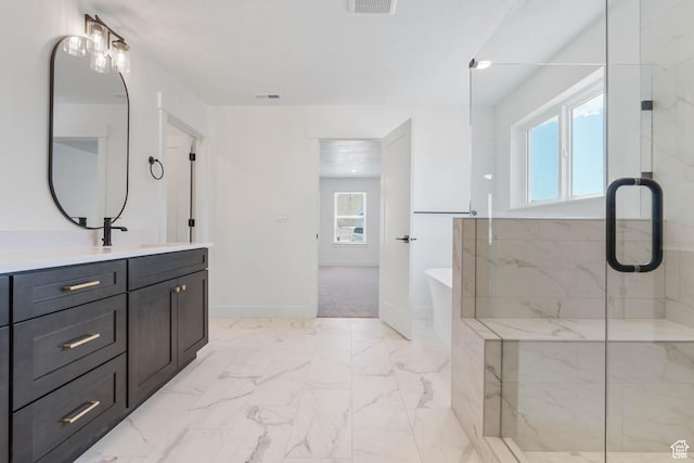 1203 Crest Dale Ln, Santaquin, UT 84655 - bathroom with a soaking tub, a shower stall, baseboards, marble finish floor, and vanity