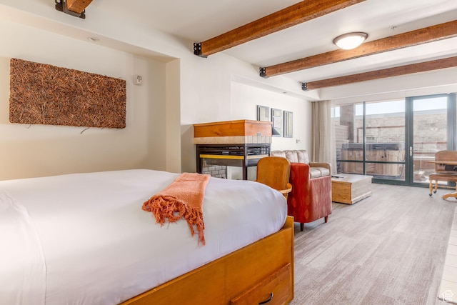 bedroom with beam ceiling, light carpet, and a multi sided fireplace
