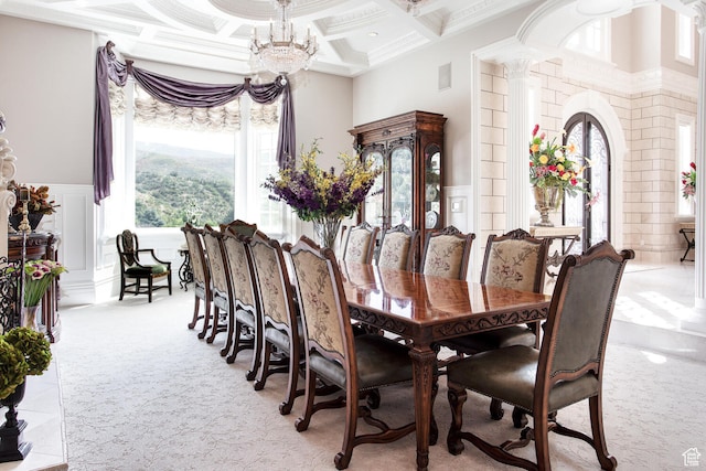 533 N Left Fork Hobble Creek Cyn, Springville, UT 84663 - dining space featuring a towering ceiling, coffered ceiling, beamed ceiling, and a chandelier