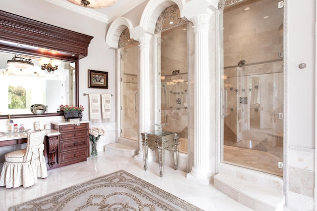 533 N Left Fork Hobble Creek Cyn, Springville, UT 84663 - bathroom with vanity, walk in shower, decorative columns, and ornamental molding