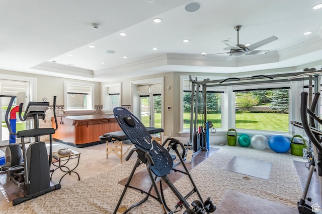 533 N Left Fork Hobble Creek Cyn, Springville, UT 84663 - workout area with a raised ceiling, ornamental molding, and ceiling fan