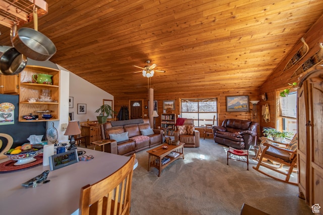 carpeted living room featuring wood ceiling, ceiling fan, and high vaulted ceiling