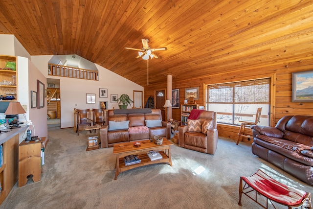 living room featuring wood walls, wood ceiling, high vaulted ceiling, ceiling fan, and light colored carpet