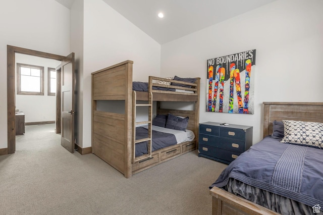 1905 E Kings Peak Cir, Heber City, UT 84032 - bedroom with recessed lighting, light colored carpet, vaulted ceiling, and baseboards