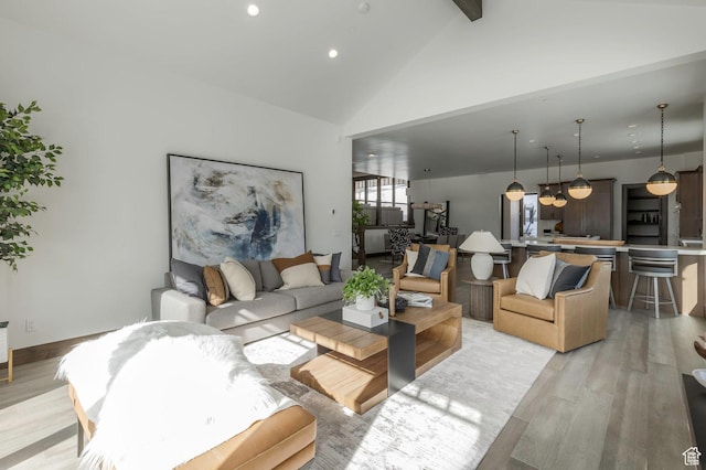 1905 E Kings Peak Cir, Heber City, UT 84032 - living room featuring light wood-type flooring, vaulted ceiling with beams, and recessed lighting