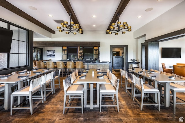 1905 E Kings Peak Cir, Heber City, UT 84032 - dining space featuring a chandelier, beamed ceiling, and wood finished floors