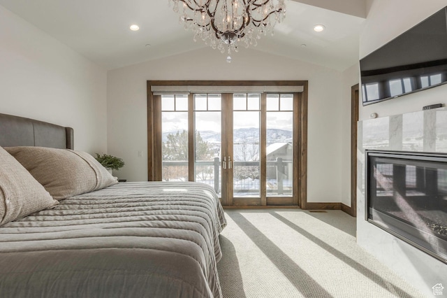 1905 E Kings Peak Cir, Heber City, UT 84032 - bedroom featuring lofted ceiling, light colored carpet, a fireplace, access to exterior, and french doors