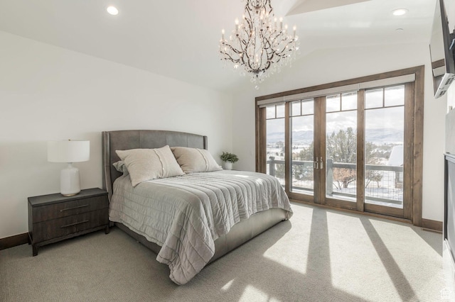 1905 E Kings Peak Cir, Heber City, UT 84032 - bedroom featuring french doors, light carpet, vaulted ceiling, access to outside, and baseboards