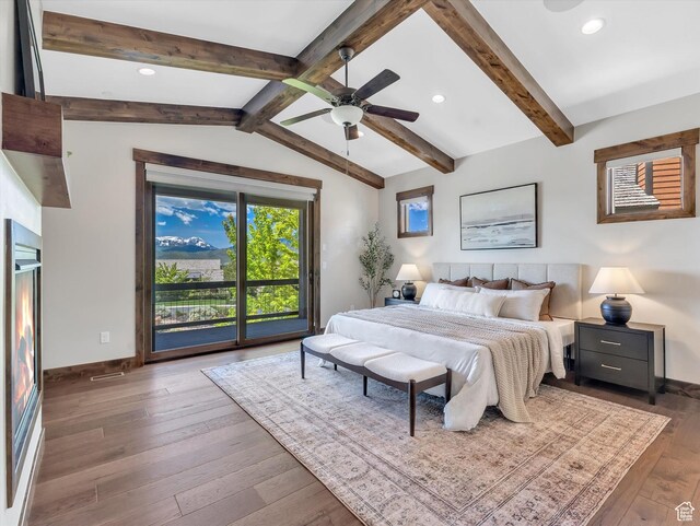 1707 E Kings Peak Cir N, Heber City, UT 84032 - bedroom featuring access to exterior, hardwood / wood-style floors, recessed lighting, and ceiling fan