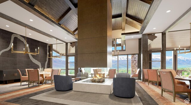 1707 E Kings Peak Cir N, Heber City, UT 84032 - lobby featuring a high ceiling, a mountain view, a wall of windows, recessed lighting, and beam ceiling