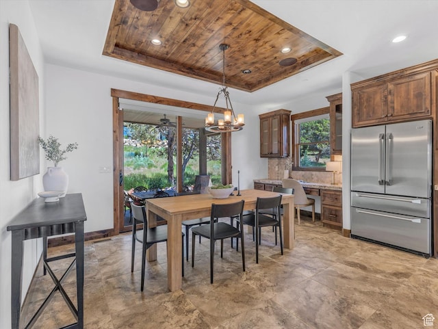 1707 E Kings Peak Cir N, Heber City, UT 84032 - dining space with a raised ceiling, wood ceiling, a chandelier, and recessed lighting