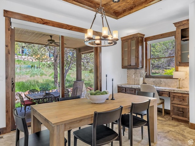 1707 E Kings Peak Cir N, Heber City, UT 84032 - dining room featuring wooden ceiling, plenty of natural light, a chandelier, ceiling fan, and a tray ceiling