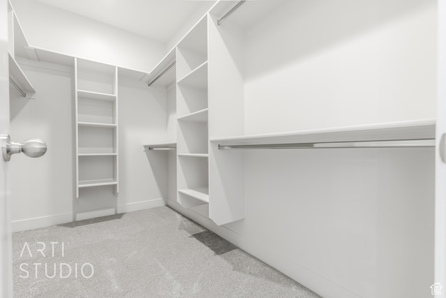 walk in closet featuring light carpet