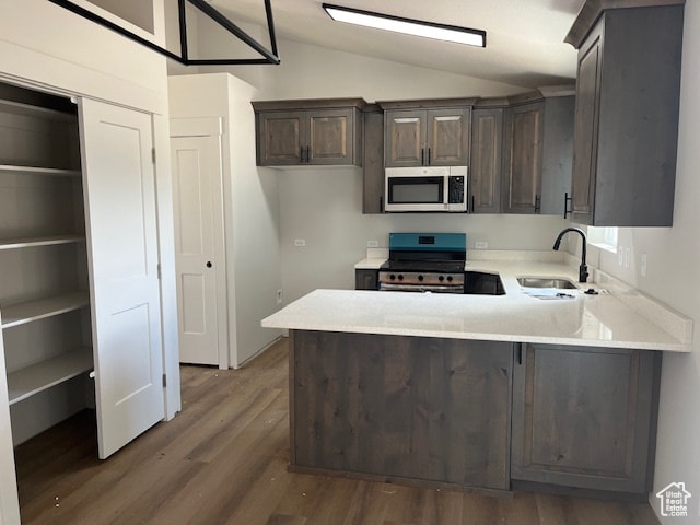 kitchen featuring appliances with stainless steel finishes, vaulted ceiling, sink, kitchen peninsula, and dark hardwood / wood-style floors