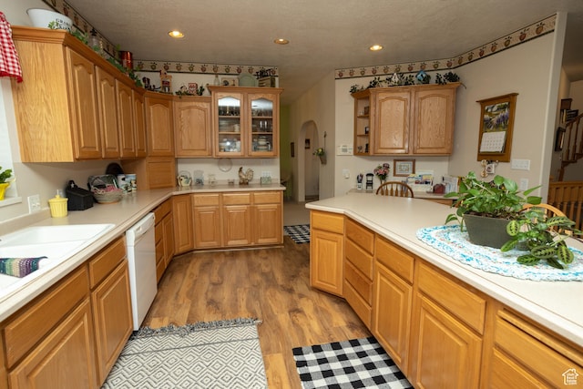 kitchen featuring sink, a textured ceiling, light hardwood / wood-style flooring, and dishwasher
