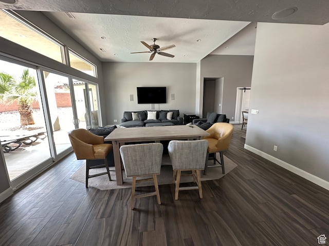 dining area with baseboards, recessed lighting, ceiling fan, dark wood-type flooring, and a textured ceiling