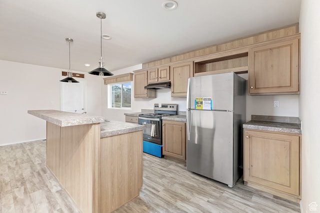 750 E 400 N Unit 220, Mount Pleasant, UT 84647 - kitchen with a kitchen island, light wood-type flooring, stainless steel appliances, and hanging light fixtures