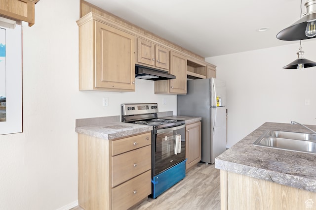 750 E 400 N Unit 220, Mount Pleasant, UT 84647 - kitchen featuring electric range oven, light brown cabinetry, sink, light hardwood / wood-style floors, and stainless steel refrigerator