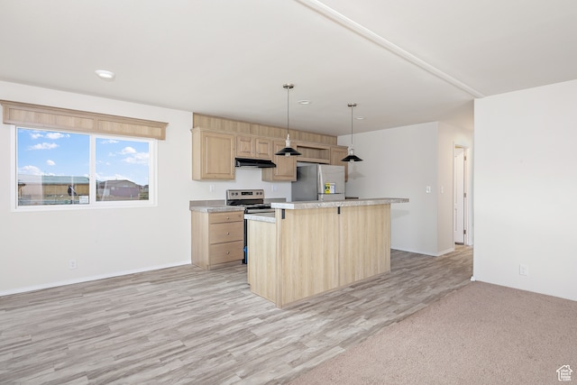 750 E 400 N Unit 220, Mount Pleasant, UT 84647 - kitchen featuring a center island, pendant lighting, light brown cabinetry, appliances with stainless steel finishes, and light hardwood / wood-style floors