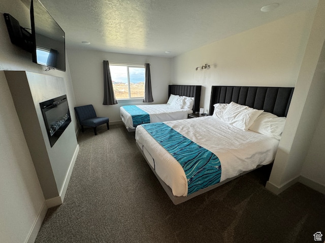 140 W 150 S Unit I32, Garden City, UT 84028 - carpeted bedroom featuring baseboards, a textured ceiling, and a glass covered fireplace
