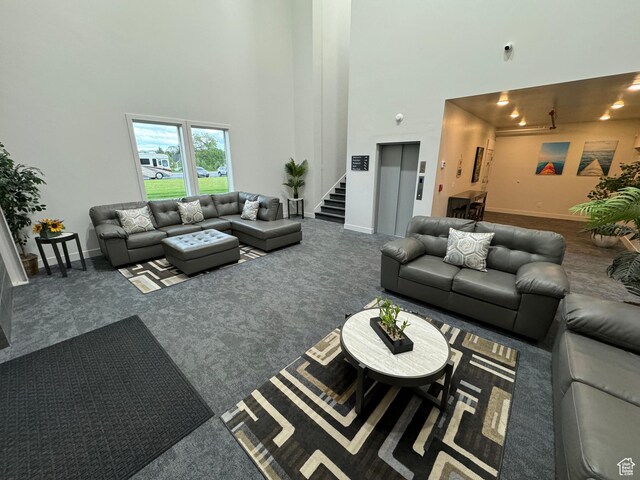 140 W 150 S Unit I32, Garden City, UT 84028 - living area featuring carpet floors, a high ceiling, baseboards, stairway, and elevator