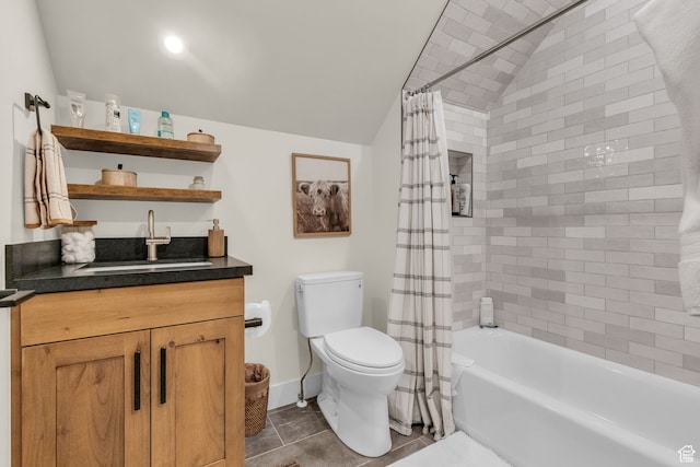 1429 S Hallam Rd Unit 2, Francis, UT 84036 - full bathroom with shower / bath combination with curtain, vaulted ceiling, toilet, tile flooring, and vanity