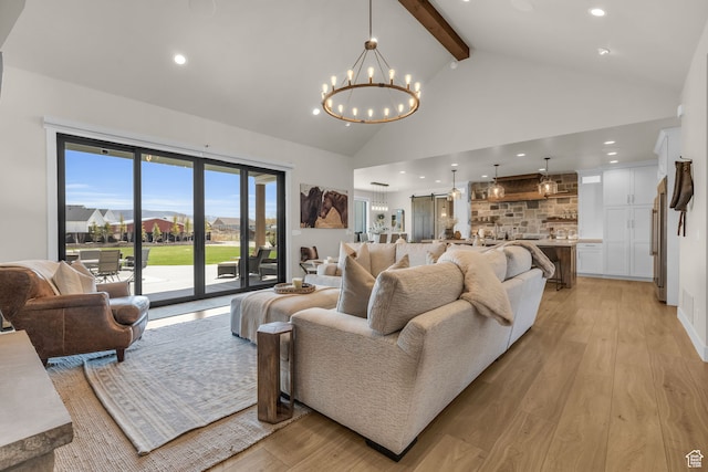 1429 S Hallam Rd Unit 2, Francis, UT 84036 - living room with beamed ceiling, light hardwood / wood-style floors, a chandelier, and high vaulted ceiling