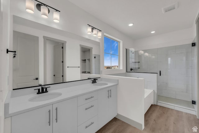 664 Pine Canyon Rd, St George, UT 84790 - bathroom with independent shower and bath, vanity, and hardwood / wood-style flooring