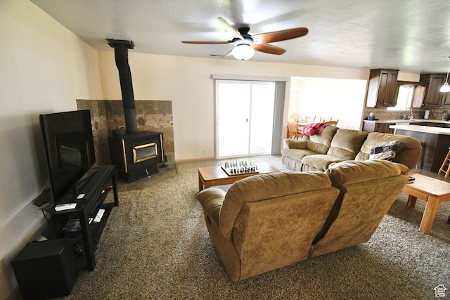 75 E 300 N, Glenwood, UT 84730 - carpeted living room with a wealth of natural light, a wood stove, ceiling fan, and sink