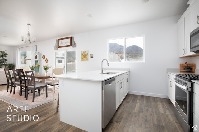 kitchen featuring appliances with stainless steel finishes, sink, dark wood-type flooring, and a notable chandelier