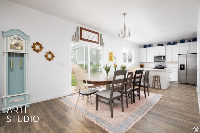 dining room with dark wood-type flooring and a chandelier