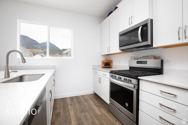 kitchen with appliances with stainless steel finishes, dark wood-type flooring, white cabinetry, sink, and a mountain view