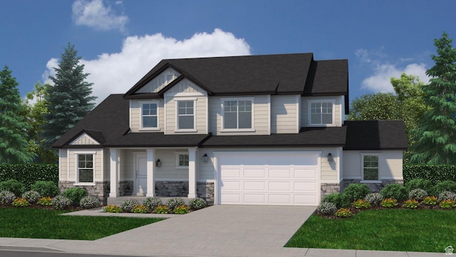 148 E 1590 S Unit 34, Salem, UT 84653 - view of front facade featuring a front yard, an attached garage, stone siding, and driveway