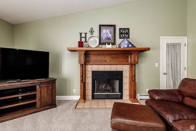 1560 E 1580 N, Logan, UT 84341 - living room with light carpet, vaulted ceiling, baseboard heating, and a tiled fireplace