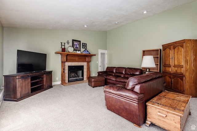 1560 E 1580 N, Logan, UT 84341 - living room featuring light colored carpet, lofted ceiling, and a fireplace
