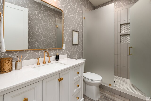 616 E Stokes Ave S, Draper, UT 84020 - bathroom featuring vanity, hardwood / wood-style floors, backsplash, a tile shower, and toilet