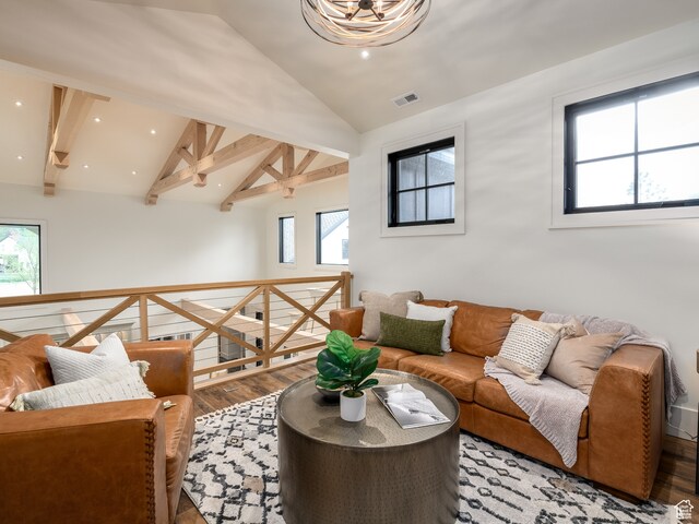 616 E Stokes Ave S, Draper, UT 84020 - living room featuring vaulted ceiling with beams and hardwood / wood-style floors