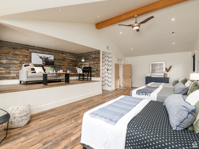 616 E Stokes Ave S, Draper, UT 84020 - bedroom with high vaulted ceiling, wood-type flooring, ceiling fan, and beam ceiling