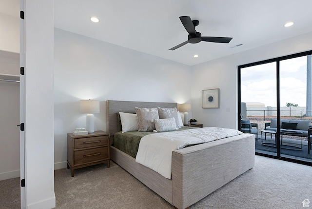 400 S Moki Dr Unit I-1, Kanab, UT 84741 - bedroom featuring light carpet, access to outside, recessed lighting, and a ceiling fan