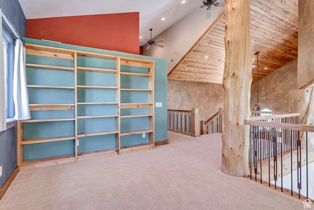 4345 W Stoneybrook Cir, Alpine, UT 84004 - bonus room featuring wood ceiling, high vaulted ceiling, ceiling fan, and carpet flooring