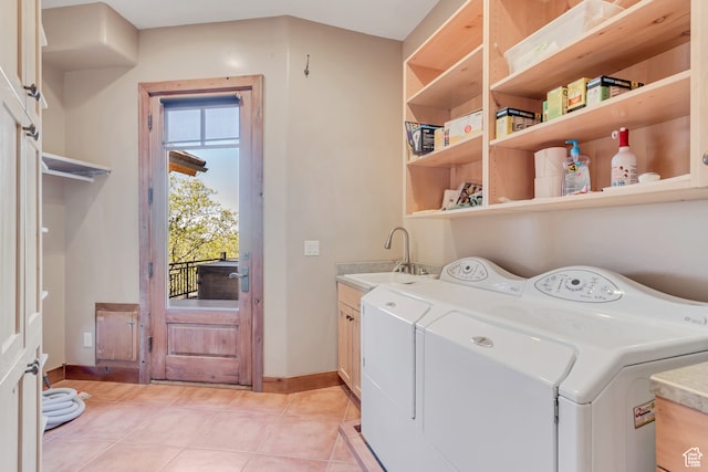4345 W Stoneybrook Cir, Alpine, UT 84004 - washroom featuring a healthy amount of sunlight, washing machine and clothes dryer, light tile floors, and sink