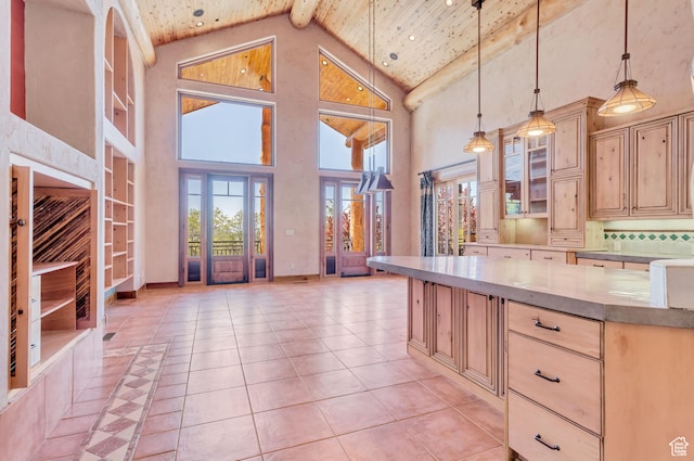 4345 W Stoneybrook Cir, Alpine, UT 84004 - kitchen with high vaulted ceiling, beam ceiling, light tile flooring, and light brown cabinets