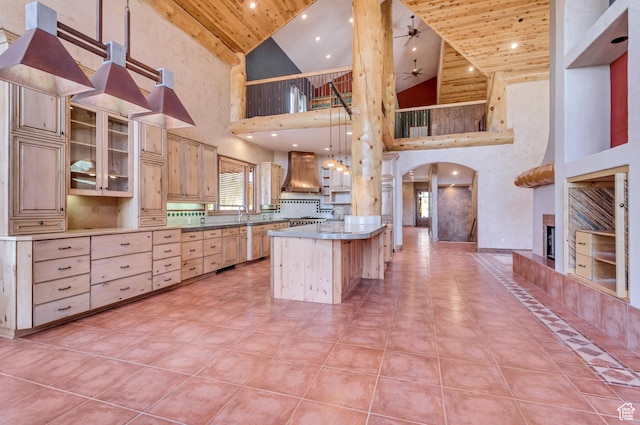 4345 W Stoneybrook Cir, Alpine, UT 84004 - kitchen featuring premium range hood, decorative light fixtures, high vaulted ceiling, tile floors, and ceiling fan